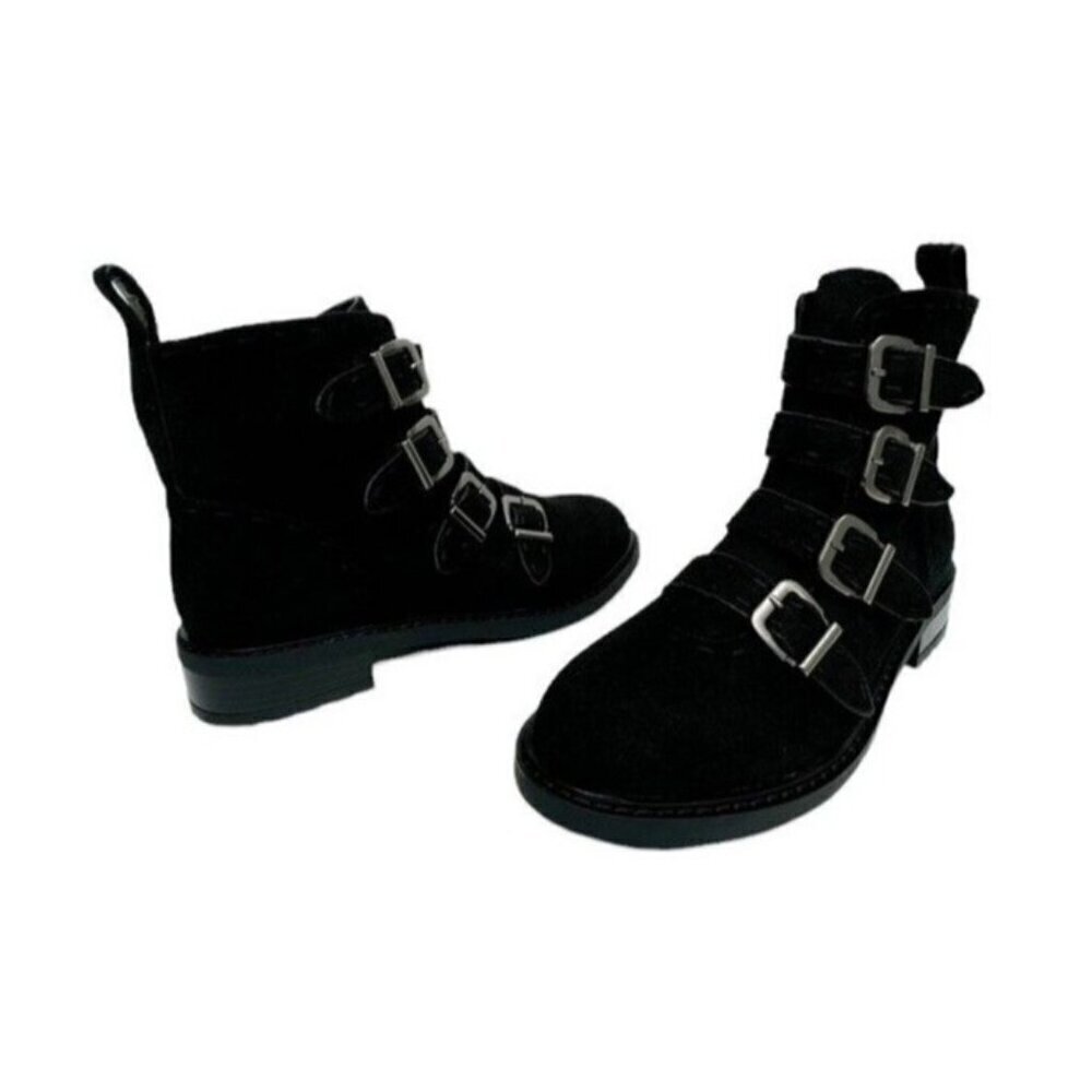 Aerosoles NWOB Arezzo Faux Suede Bootie 7M Black Buckles Lug Low‎ Block  Heel